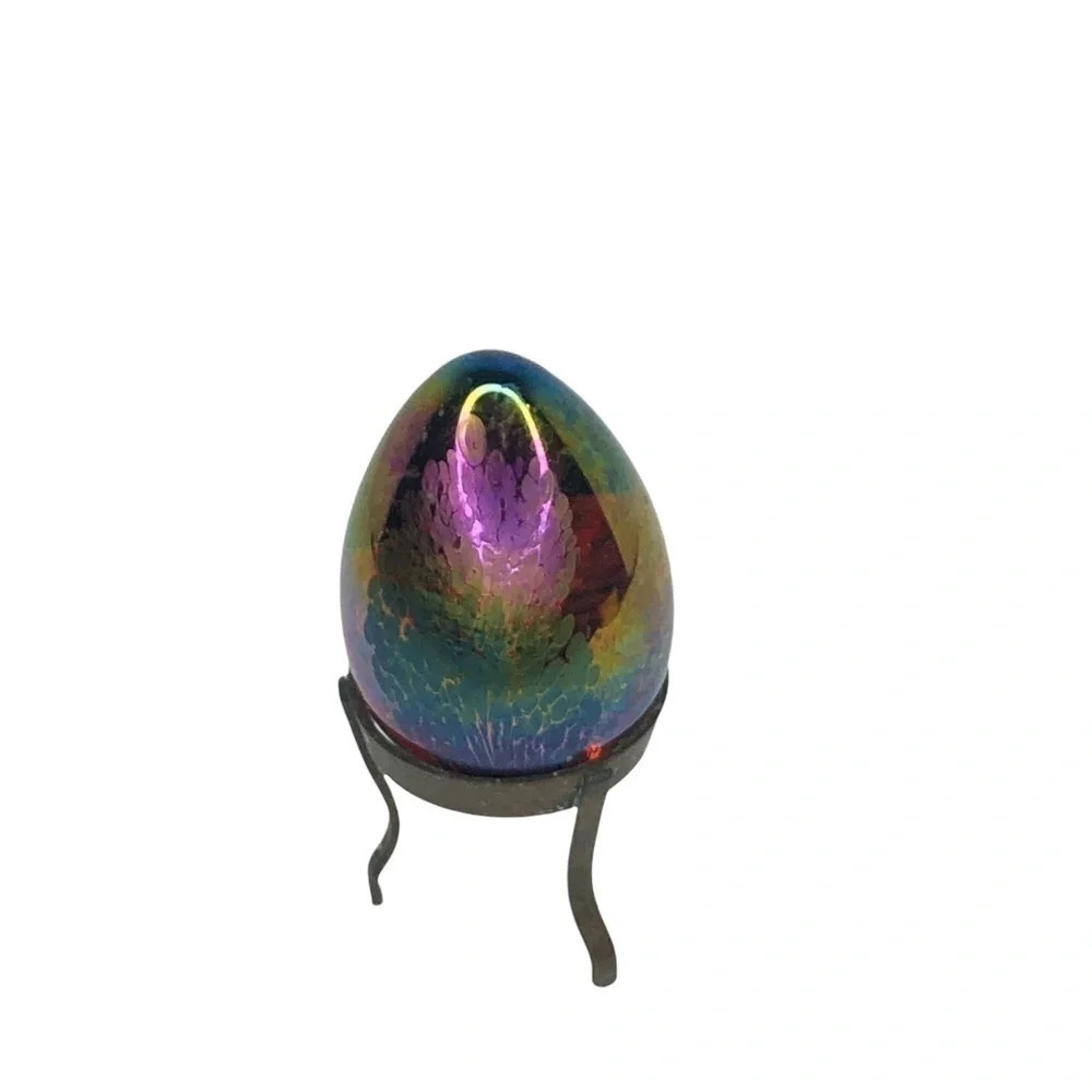 Iridescent Studio Art Glass Egg on Stand, Paperweight